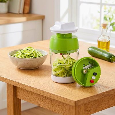 Coupe légumes spiralo'ine joliement présenté sur une table de cuisine