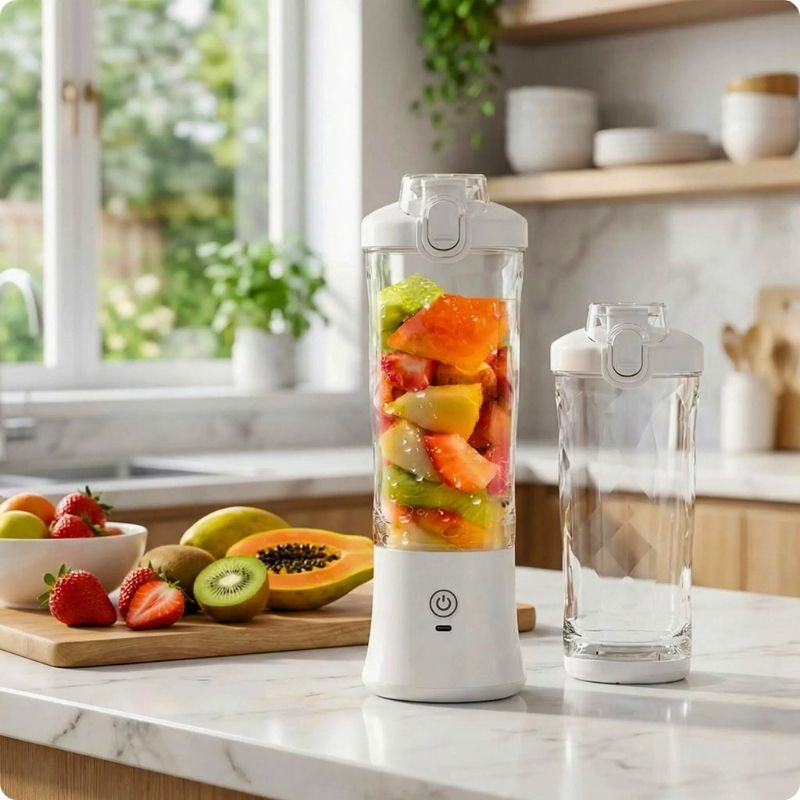 Mini blender blanc posé sur plan de travail dans une cuisine