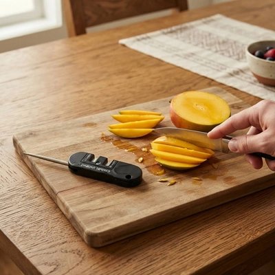 Aiguiseur couteau posé sur une planche de cuisine