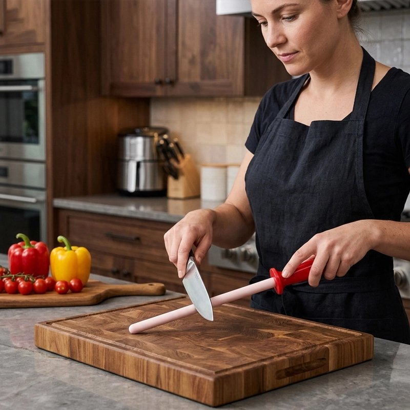 Aiguiseur de couteau tig'ine utilisé en démonstration par une femme qui aiguise un couteau