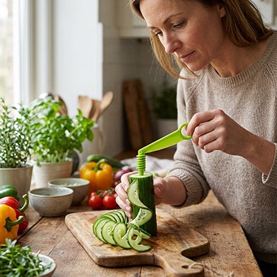 Coupe légumes manuel spirale perfect'ine utilisé par une femme en cuisine qui fait des spirales de concombre