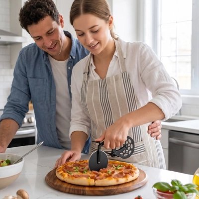Couteau à pizza utilisé par un couple en cuisine qui découpe une pizza