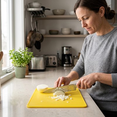 Ensemble de planches à découper colorées, femme qui utilise la planche jaune en cuisine