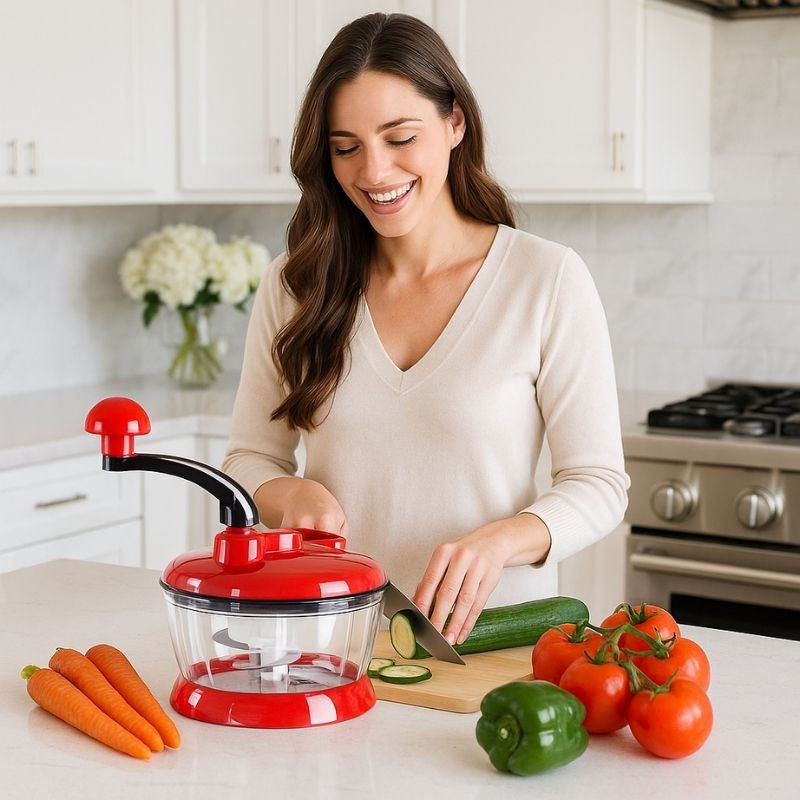 Femme coupant courgette devant un hachoir manuel.