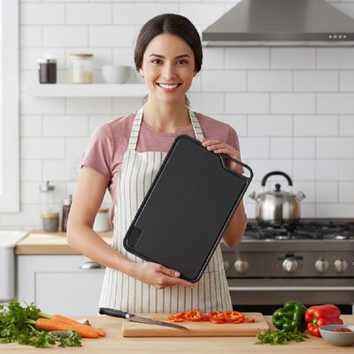 Femme qui présente une planche pour cuisine
