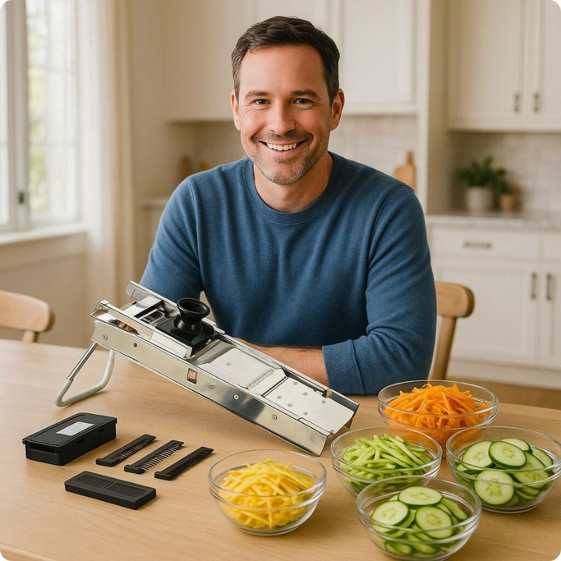 Mandoline japonaise posée sur table avec homme en arrière-plan.