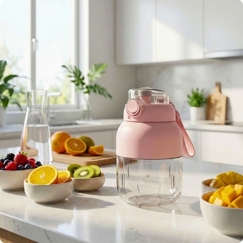 Mini blender rose sur plan de travail avec des fruits