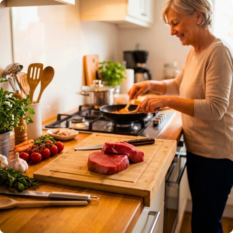 Planche à découper bambou moso avec morceau de viande posé dessus