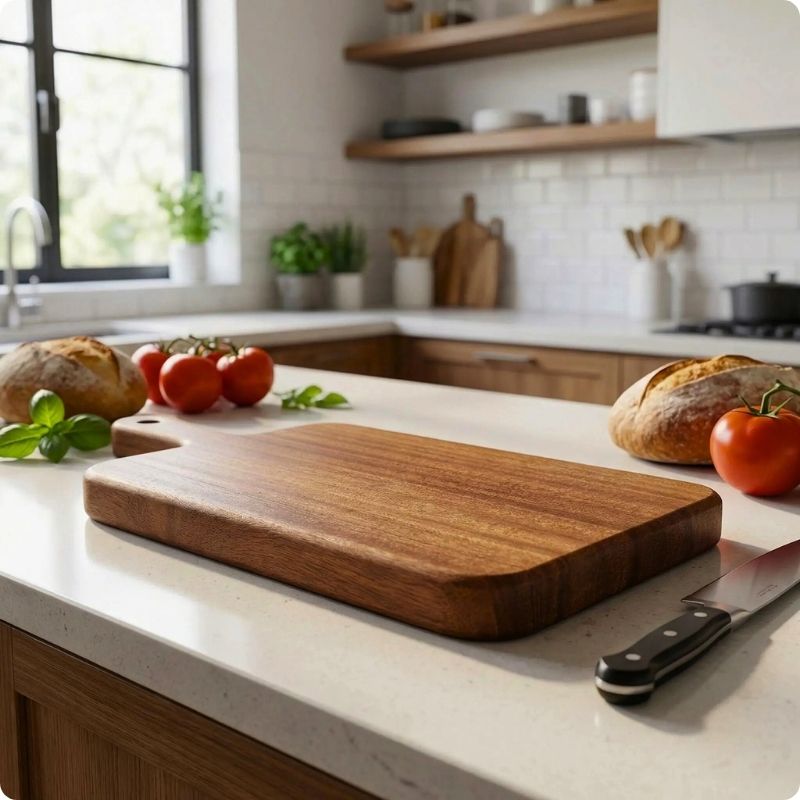 Planche à découper bois posé sur plan de travail avec un couteau à côté