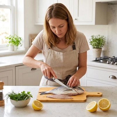 Planche à découper bois utilisée par une femme qui découpe du poisson
