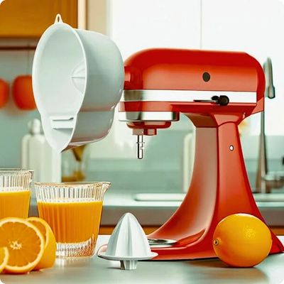 Presse agrume électrqiue posé sur table avec verre de jus d'orange