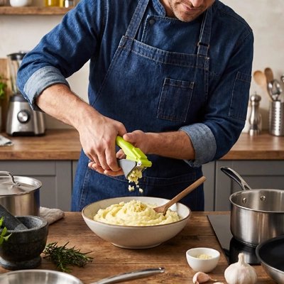 Presse ail utilisé par un homme en cuisine