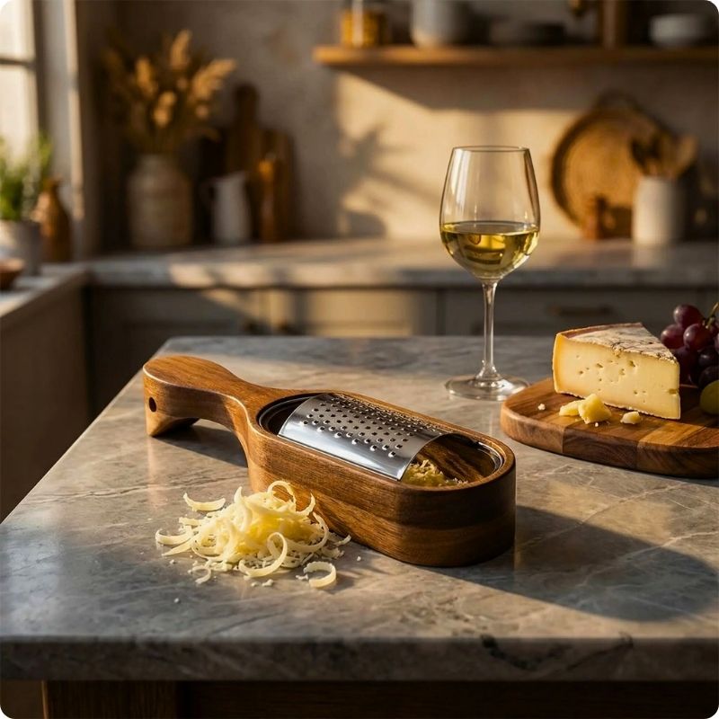 râpe à fromage orig'ine sur plan de travail à côté petit tas de fromage