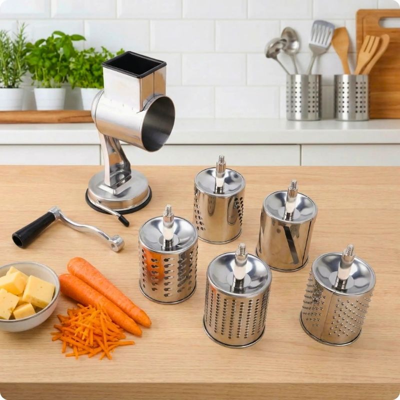 Râpe manuelle pour carottes posée sur plan de travail avec 5 rouleaux de coupe.