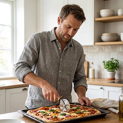 roulette à pizza Pizz'ine utilisé par une homme dans une cuisine