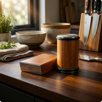 Aiguiseur couteau roulaiguis'ine posé sur une table dans une cuisine smbre