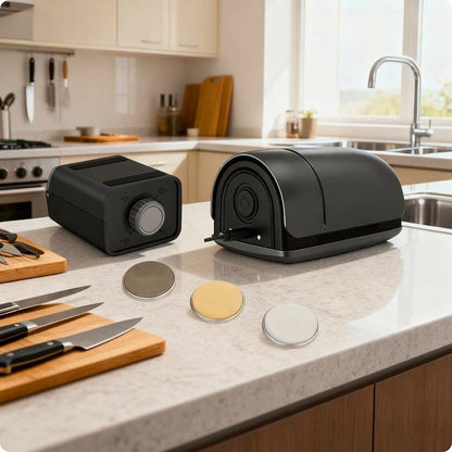Aiguiseur à couteaux électrique aiguimax'ine sur table avec recharge