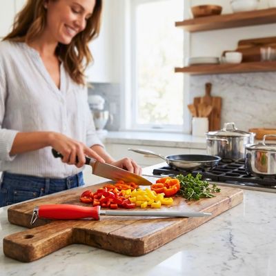 Aiguiseur couteau affil'ine posé à côté d'une femme qui découpe des légumes