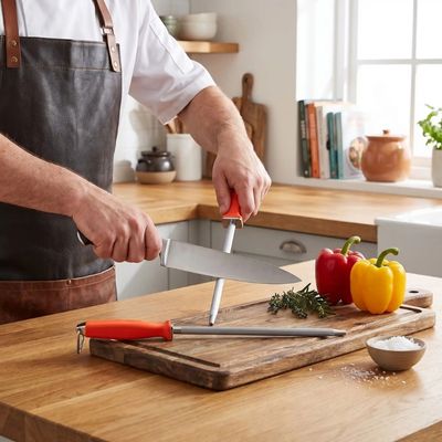 Aiguiseur couteau affil'ine orange utilisé en cuisine