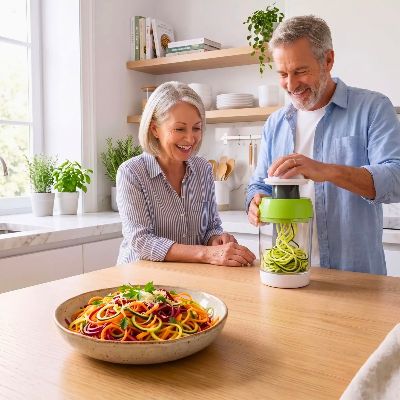 Coupe légumes spiralo'ine utilisé par un couple en cuisine
