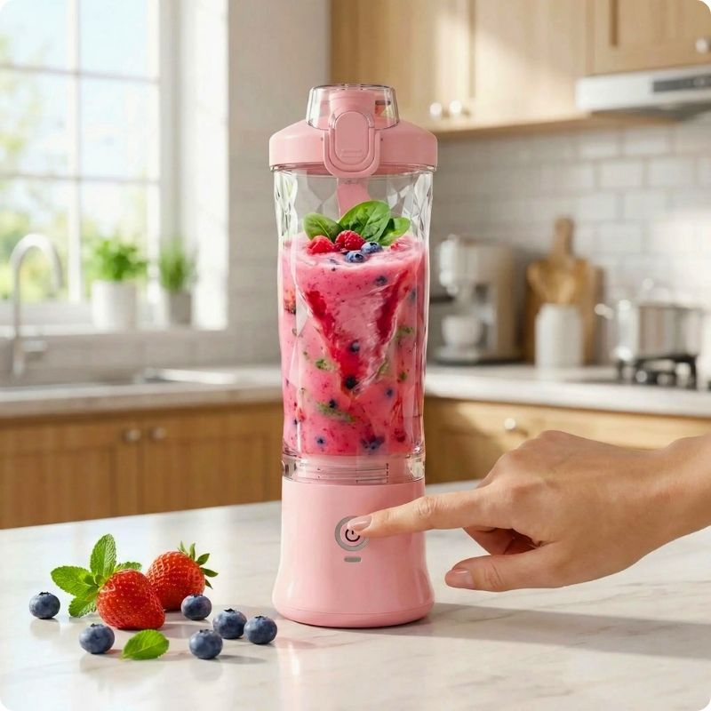 Doigt appuyant sur le bouton marche d'un mini blender