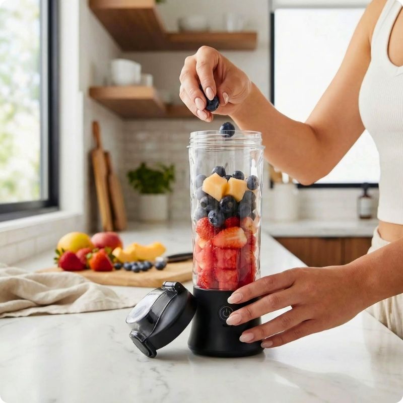 Femme mettant des fruits dans un mini blender