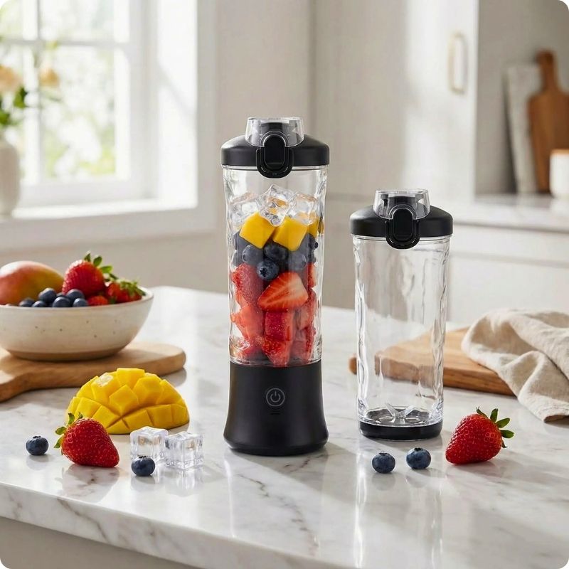 Mini blender noir posé sur plan de travail dans une cuisine