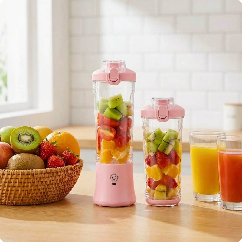 Mini blender posé sur plan de travail à côté de fruits