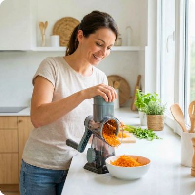 Râpe à légumes manuelle stabilit'ine utilisée par une femme 