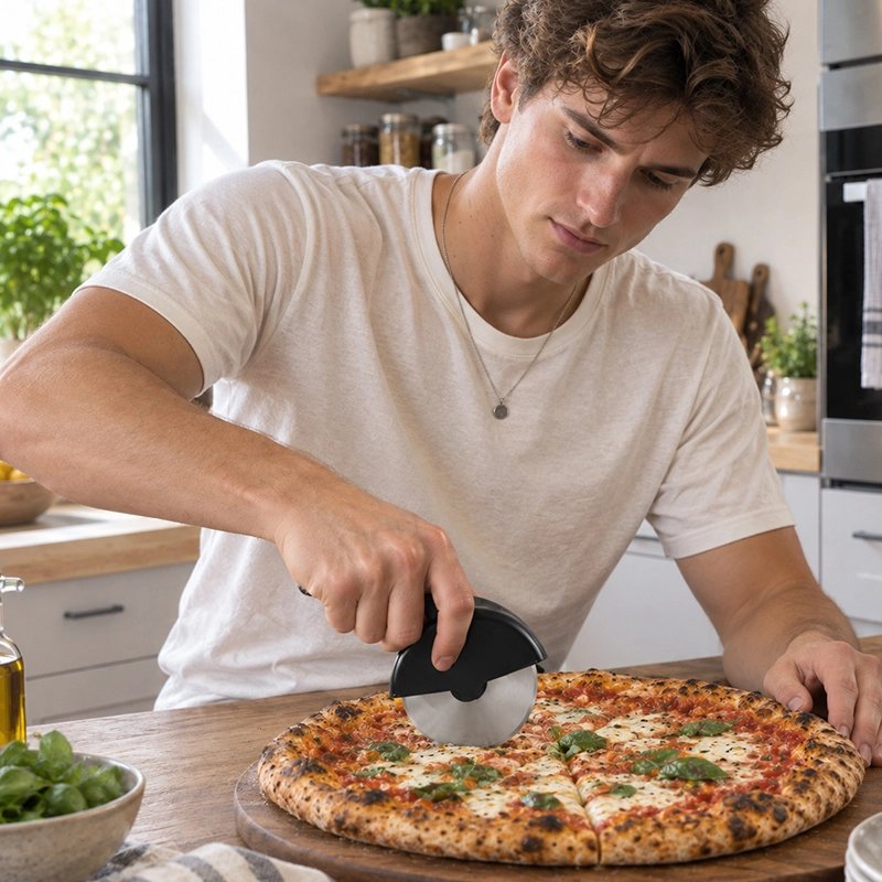 Roulette à pizza cercl'ine noir utilisé par un homme qui découpe une pizza
