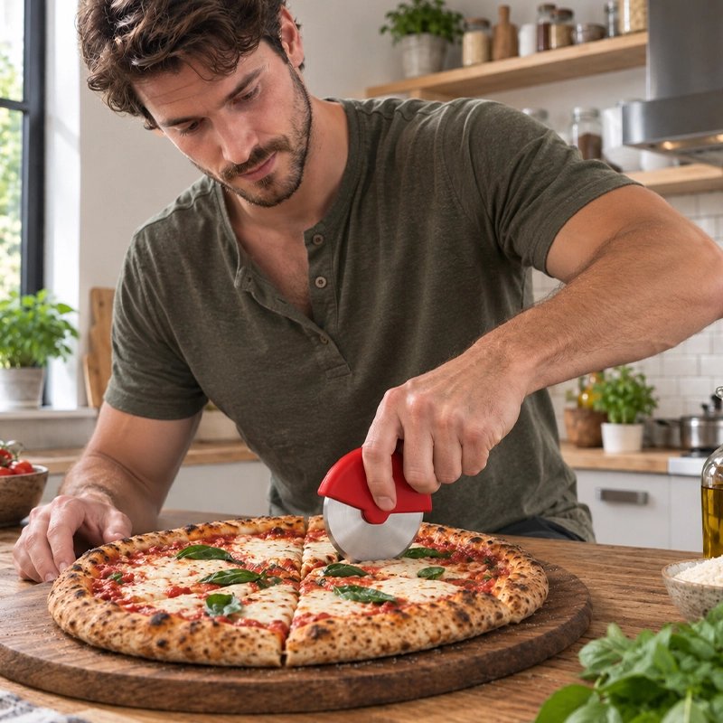 Roulette à pizza cercl'ine rouge utilisé par une homme qui coupe une pizza
