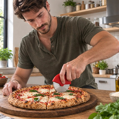 Roulette à pizza cercl'ine rouge utilisé par une homme qui coupe une pizza
