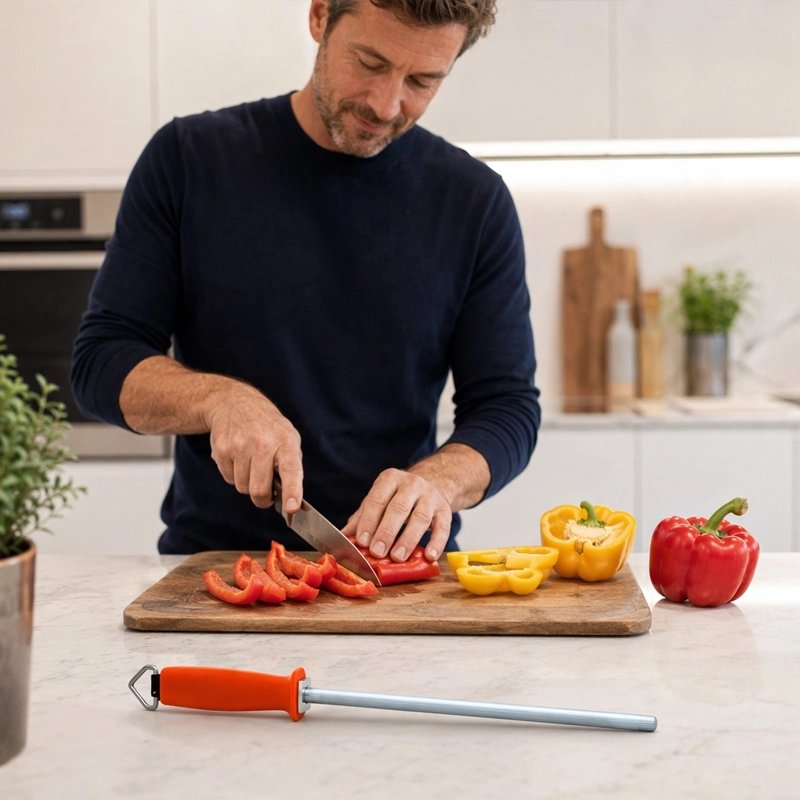 Aiguiseur couteau affil'ine posé sur le plan de travail avec un homme qui découpe des légumes