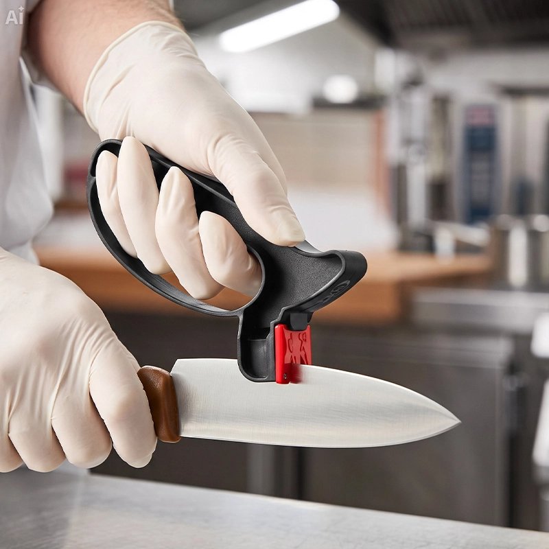 Aiguiseur couteau affut'ine 2 en 1 utilisé en démonstration sur un couteau de cuisine