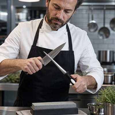 Aiguiseur couteau lame f'ine utilisé par un chef de cuisine qui aiguise un couteau