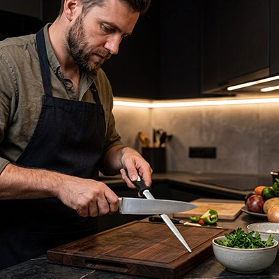 Aiguiseur couteau lame f'ine utilisé par un homme qui aiguise un couteau en cuisine