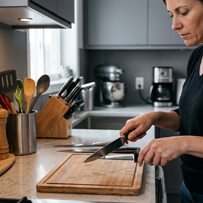 Aiguiseur couteau lame f'ine utilisé par une femme en cuisine