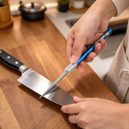 Aiguiseur couteau poch'ine bleu utilisé sur un couteau en cuisine