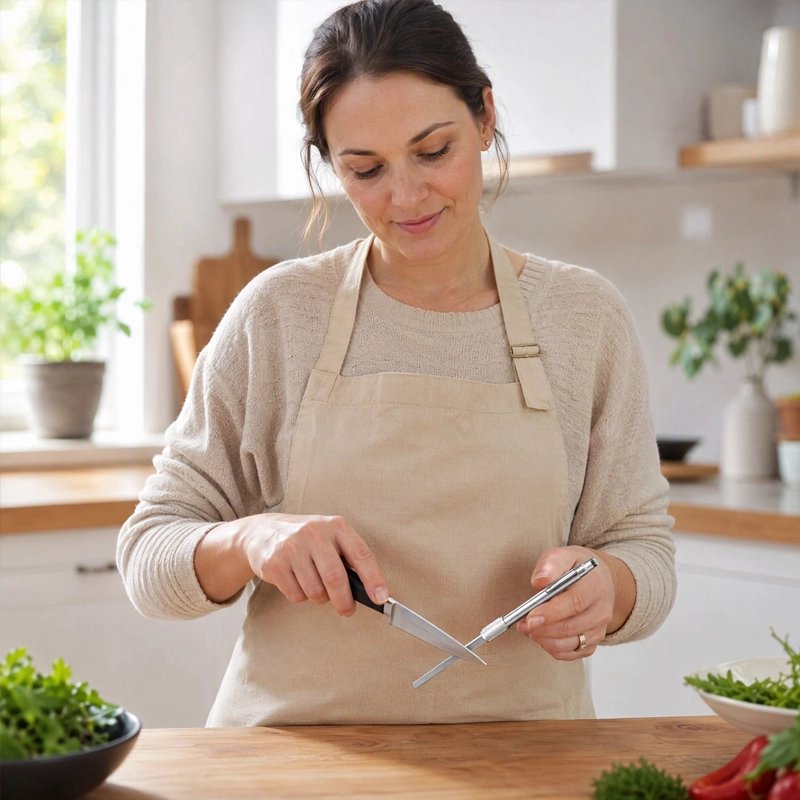 Aiguiseur couteau poch'ine gris utilisé par une femme en cuisine