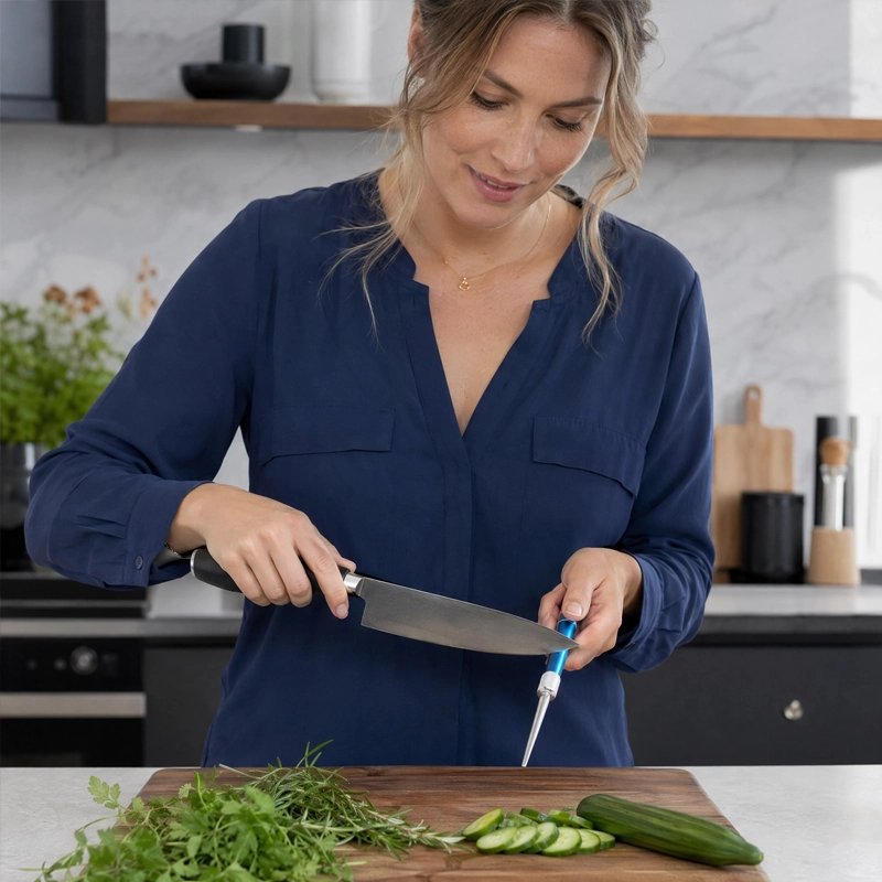 Aiguiseur couteau poch'ine utilisé par une femme en cuisine