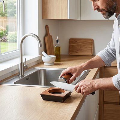 Aiguiseur couteau posé sur un plan de travail avec un homme qui aiguise son couteau de cuisine