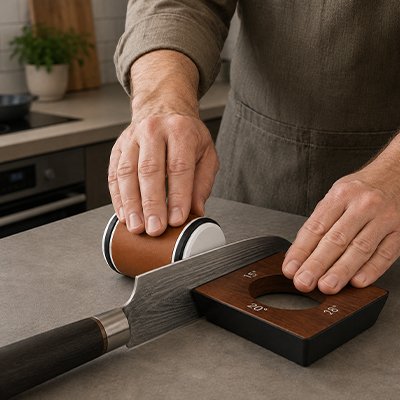 Aiguiseur couteau présenté sur une table en action utilisé par un homme