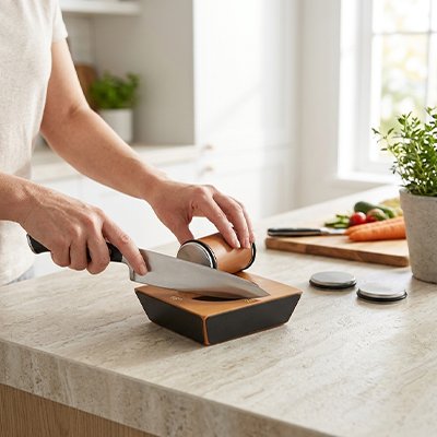 Aiguiseur couteau présenté sur une table avec un homme qui l'utilise pour aiguiser son couteau
