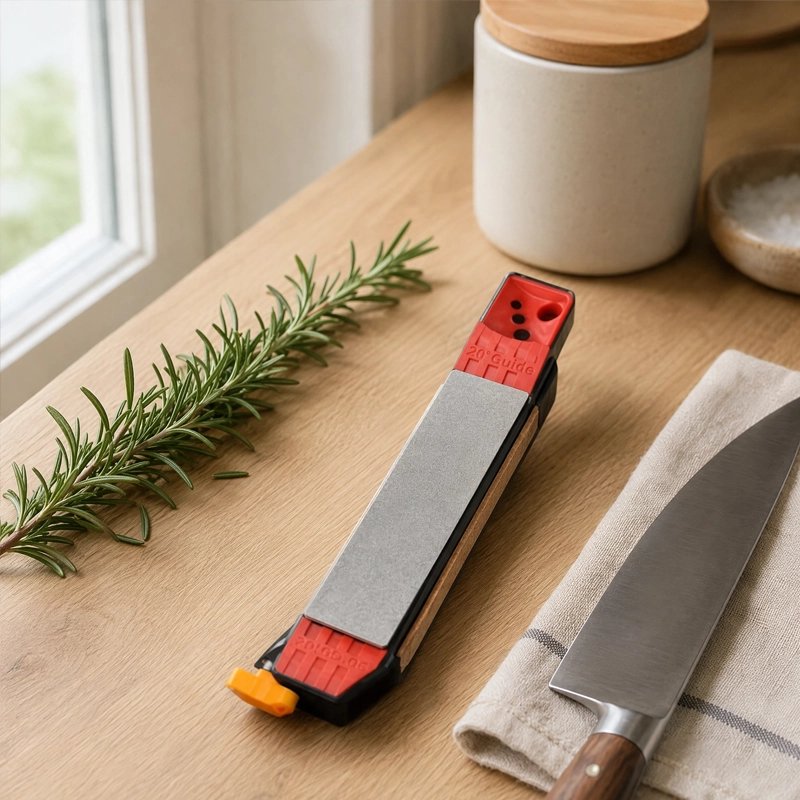 Aiguiseur couteau affût express'ine rouge posé en démonstration sur un plan de travail en cuisine