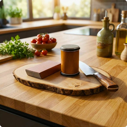 Aiguiseur couteau sur une planche en bois avec un couteau