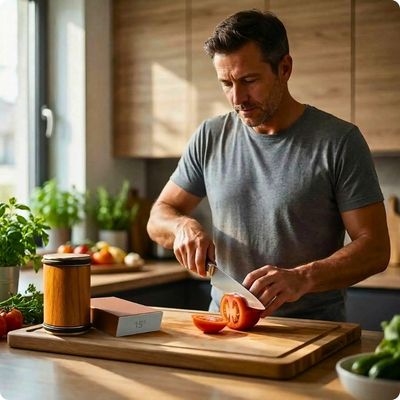 Aiguiseur couteau roulaiguis'ine à côté d'un homme qui coupe une tomate