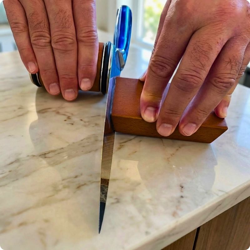 Personne utilisant un aiguiseur couteau pour aiguiser un couteau