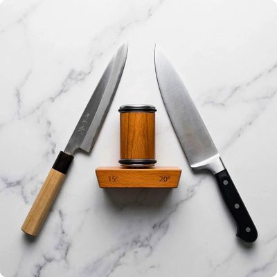 Aiguiseur couteau roulaiguis'ine posé entre 2 couteaux
