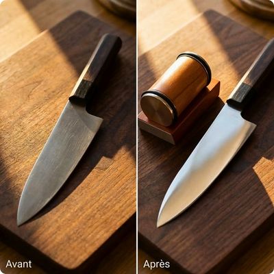 Aiguiseur couteau roulaiguis'ine posé à côté d'un couteau après aiguisage