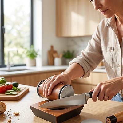 Aiguiseur couteau utilisé par une femme en cuisine